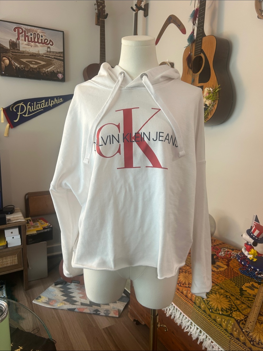 Calvin Klein Jeans Women's White Hoodie with Red CK Logo